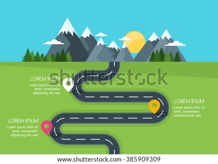 Road with markers, vector infographics template. Winding road in green field and mountains. Rural street flat style illustration. Summer or spring landscape background with space for text. 