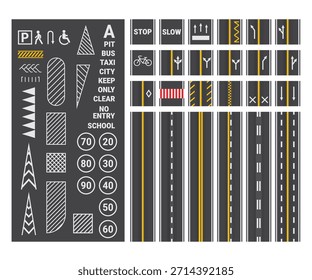 Señalización vial. La superficie del asfalto marca la vista superior, las marcas de la calle del tráfico de la ciudad, los carriles de la carretera, la línea de franja, el cruce, la señal de parada de autobús, el kit de la marca de la carretera de dibujos animados, la Ilustración vectorial pateada