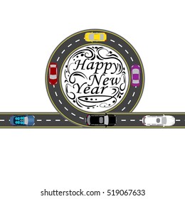 Road with a marking. Cars. Greeting inscription Happy New Year. Vector illustration