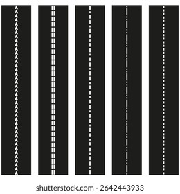 Road marking lines. Directional lane stripes. Black asphalt pattern. Vector road symbol.