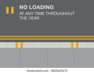Road marking types in United Kingdom. Double solid yellow line on kerb: loading prohibited at any time throughout the year. Flat vector illustration template.