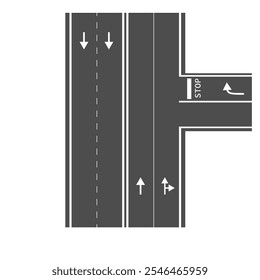 Road markings. An asphalt road with elements of traffic flow distribution. Flat illustration