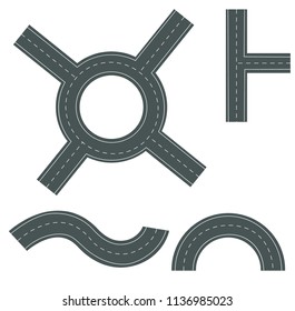 road with markings, asphalt, top view, set of vector illustrations for the map, isolated on a white background