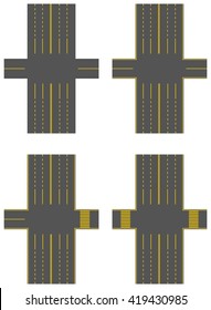 Road markings. Road, intersection, highway. Pedestrian crossing. Set of elements. Grey road, the yellow line. Vector illustration.