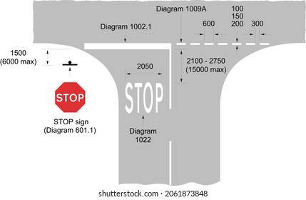 Road markings at a junction controlled by a STOP sign, road signs in the United Kingdom