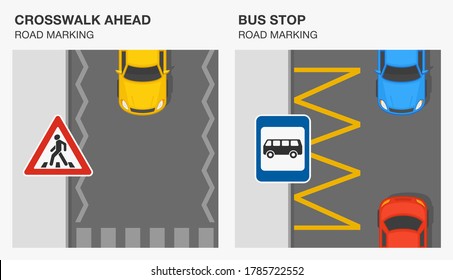 Marcas de carretera que significan. Aproximarse a un paso peatonal y a las marcas de las paradas de autobús. Regla de señalización de tráfico. Plantilla de ilustración vectorial plana.