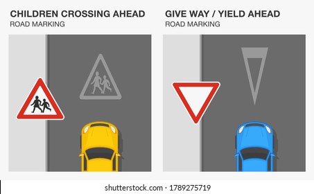 Road markings meaning. Children crossing, school ahead and give way or yield markings. Traffic sign rule. Flat vector illustration template.