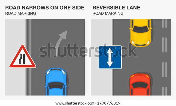 Road markings meaning infographic.\
Road narrows on one side and reversible lane markings. Traffic sign\
rule. Flat vector illustration\
template.