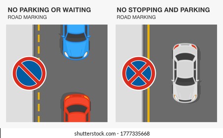 Marcas de carretera que significan. No hay paradas ni espera y no hay señalización de la carretera. Regla de señalización de tráfico. Plantilla de ilustración vectorial plana.