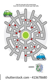 Juego de labranza de carretera: Ayuda al camión verde y al camión azul a llegar al lugar central. Evite los círculos rojos que indican un tráfico súper alto. Respuestas incluidas. 
