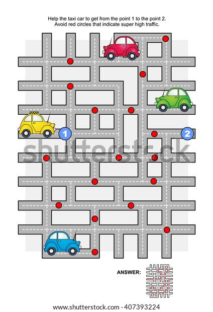 Road maze game: Help the yellow taxi\
car to get from the point 1 to the point 2. Avoid red circles that\
indicate super high traffic. Answers included.\
\
