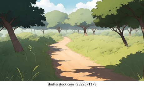 A Road in The Middle of African Savanna Grassland Hand Drawn Painting Illustration