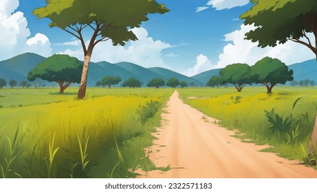 A Road in The Middle of African Savanna Grassland Hand Drawn Painting Illustration