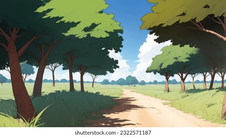 A Road in The Middle of African Savanna Grassland Hand Drawn Painting Illustration