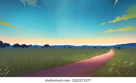 A Road in The Middle of African Savanna Grassland at Dawn or Dusk Hand Drawn Painting Illustration