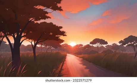 A Road in The Middle of African Savanna Grassland at Dawn or Dusk Hand Drawn Painting Illustration