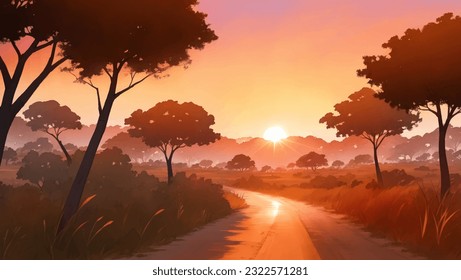 A Road in The Middle of African Savanna Grassland at Dawn or Dusk Hand Drawn Painting Illustration
