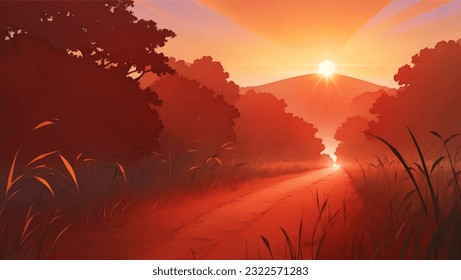 A Road in The Middle of African Savanna Grassland at Dawn or Dusk Hand Drawn Painting Illustration