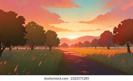 A Road in The Middle of African Savanna Grassland at Dawn or Dusk Hand Drawn Painting Illustration