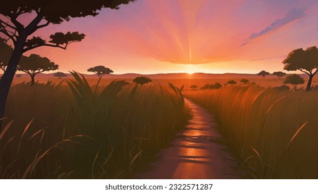 A Road in The Middle of African Savanna Grassland at Dawn or Dusk Hand Drawn Painting Illustration