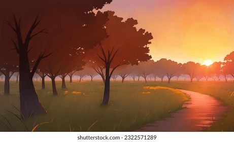 A Road in The Middle of African Savanna Grassland at Dawn or Dusk Hand Drawn Painting Illustration