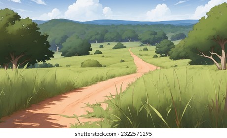 A Road in The Middle of African Savanna Grassland Hand Drawn Painting Illustration