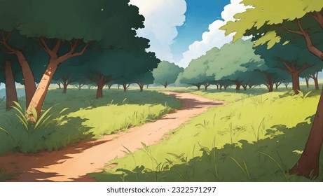 A Road in The Middle of African Savanna Grassland Hand Drawn Painting Illustration