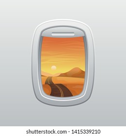 Road in the middle of the desert. View from the window of the plane. Vector illustration.