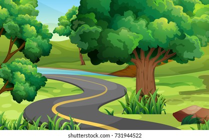 Road in the middle of the park illustration
