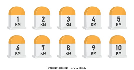 Road milestone markers 1 to 10 kilometer set, Distance signs collection, Highway roadside markers, Travel navigation illustration