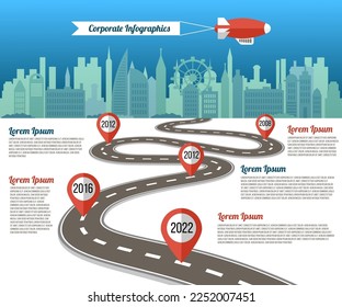 Fahrplan-Meilenstein. Zeitdiagramm. Stadtplan. Wegbeschilderung. Richtung Straße. Geschäftsziel. Positionstifte. Unternehmensentwicklung. Vektorgrafik der aktuellen Autobahn-Infos