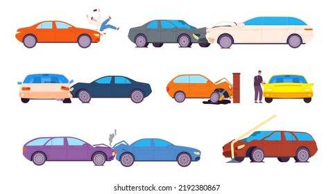 Road misfortunes. Broken crash cars road traffic accident, insurance damage dangerous wreck vehicle car thieves injured pedestrian breakdown automobile splendid vector illustration of crash on road