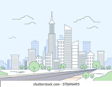 Road to Modern City View Skyscraper Cityscape Vector Illustration