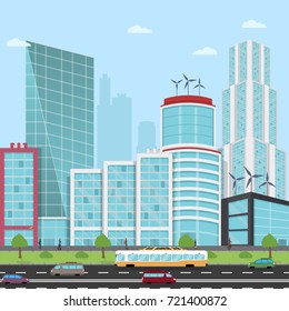 Road in a Modern City View Skyscraper, business men, drone, business man with a hoverboard, flying cars