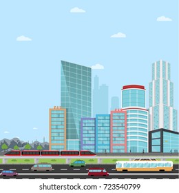 Road in a Modern City View Skyscraper, business men, drone, business man with a hoverboard, flying cars