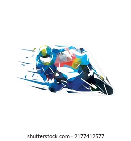 Carrera en moto de carretera, ilustración vectorial abstracta baja poligonal aislada, vista frontal. Logo de carreras de motocicletas geométricas desde triángulos