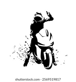 Road motorcycle racing. Biker celebrates victory, isolated vector silhouette, ink drawing. Motorbike sport logo