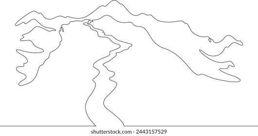 Road to the mountain. Beautiful mountain landscape. Winding road among hills and rocks. One continuous line . Line art. Minimal single line.White background. One line drawing.