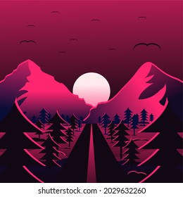 Road to the mountain with black and pink vibes. Vector Illustration.