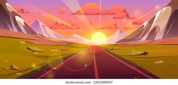 Road and mountain cartoon sunset landscape. Orange evening sky and green grass on straight way to horizon. Empty summer journey path scene with alps, birds. Asphalt freeway, mountains panoramic view