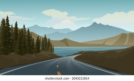 Road in mountain with lake and pine forest