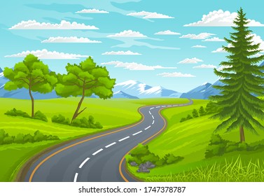 Road to the mountain. Scenic summer landscape with asphalt road passing through forest to high hills. Traveling and adventures through scenery meadows along a curving road to the snow-capped peaks