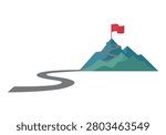 Road to the mountain summit with red flag