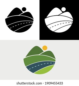 Logotipo de resumen de la naturaleza del Sol de la montaña de la carretera