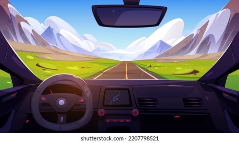 Straße im Gebirgstal Blick vom Autoinnern durch Windschutz. Landschaft mit Felsen und grünen Feldern. Straight Highway, asphaltierter Weg aus Hochlandperspektive, Cartoon Vektorgrafik