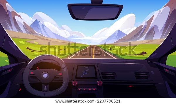 Road in mountain valley view from car
interior through windshield. Scenery landscape with rocks and green
fields. Straight highway, asphalted way in highland perspective,
Cartoon vector
illustration