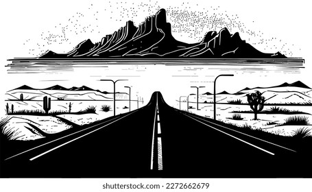 Road and mountain vector black line illustration art isolated white