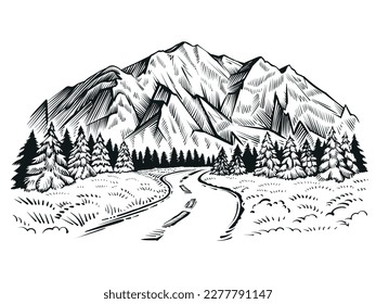 Road in the mountains with forest, landscape sketch. Black and white vector illustration.