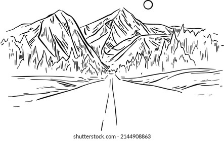 Road, mountains, forest, moon, hand draw. Black vector illustration art