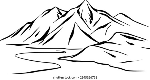 road, mountains, hand draw. Black vector illustration art